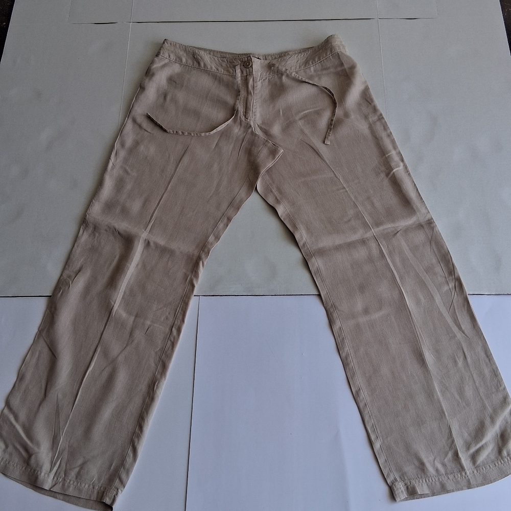 Light Beige Women's Linen Blend Wide Leg Pants - Picture 10 of 14